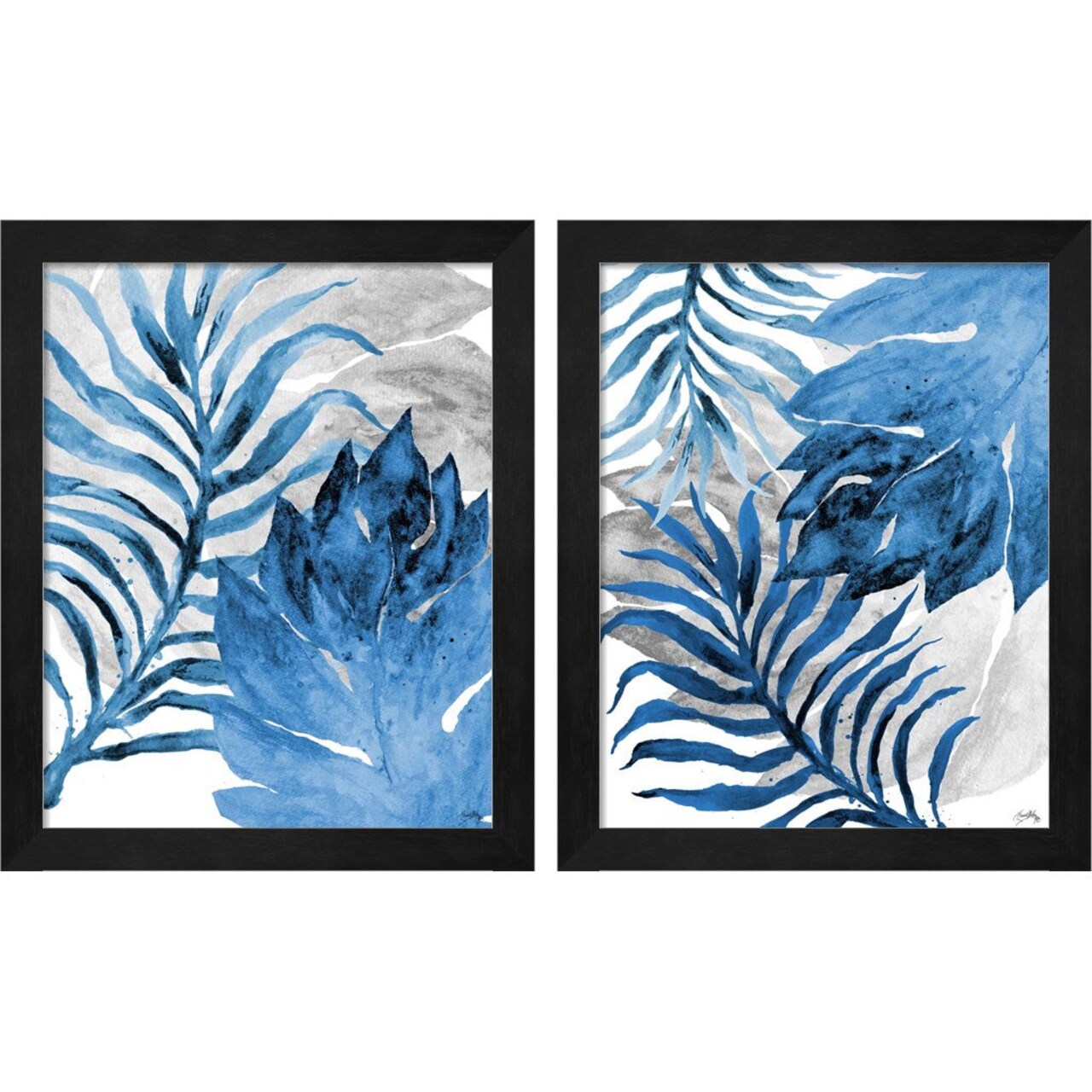 Blue Fern and Leaf by Elizabeth Medley, 2 Piece Black Framed Art Set